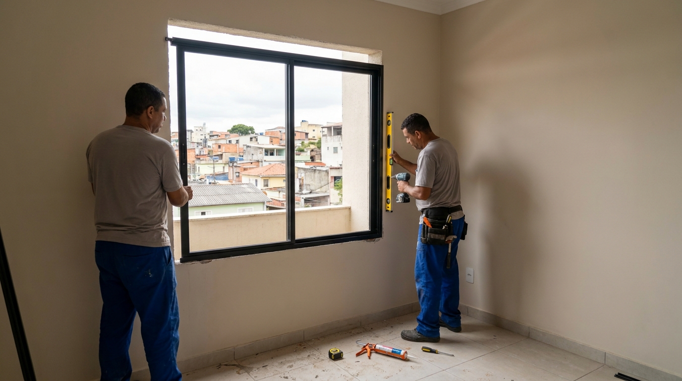 Esquadria de alumínio em quarto bege em Maceió-AL
