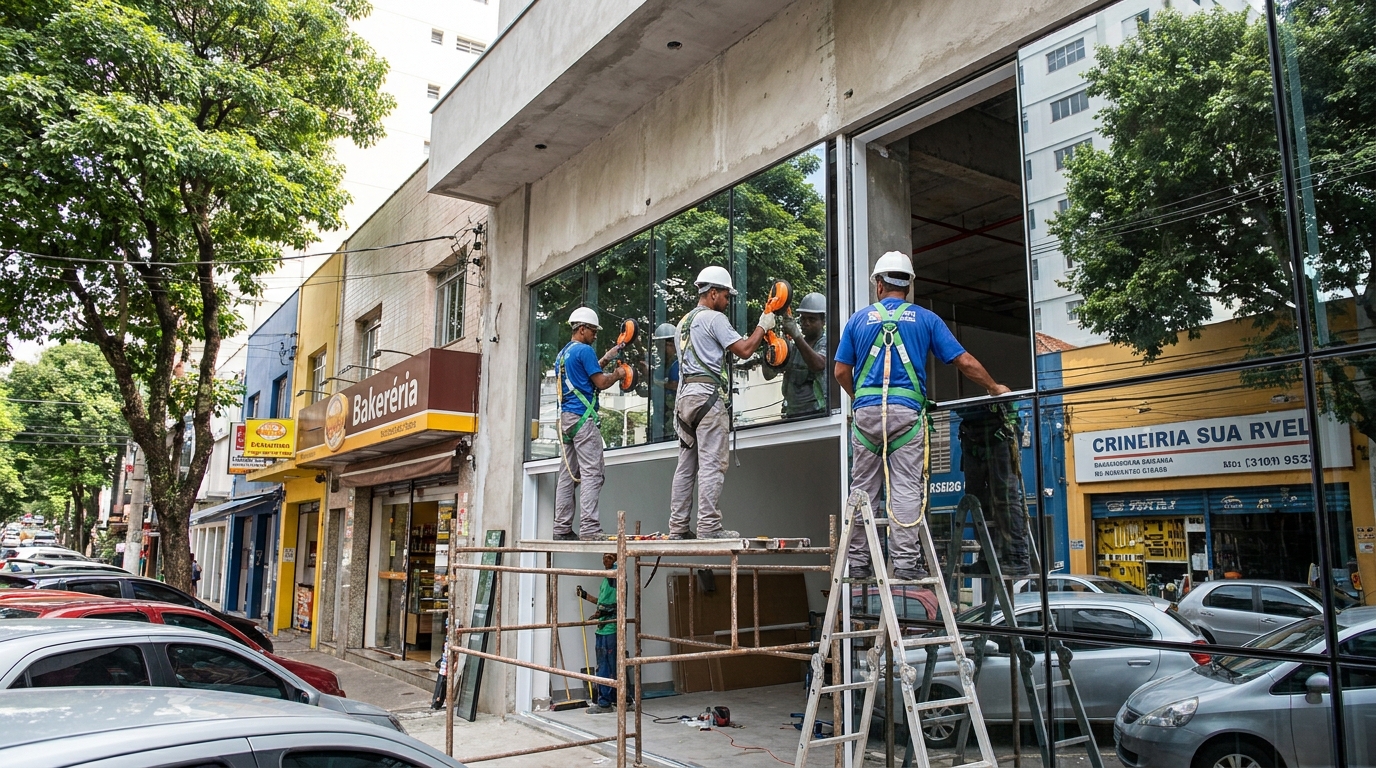 Fachada de vidro com confeitaria vizinha em Maceió-AL
