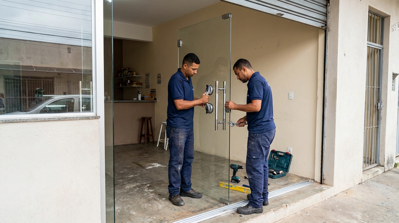 Dupla instalando porta de vidro em loja em Maceió-AL