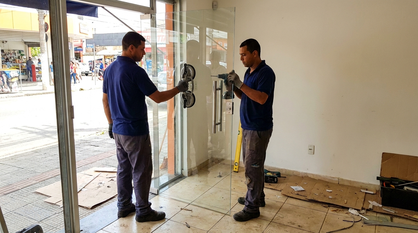 Porta de vidro de loja em rua movimentada em Maceió-AL