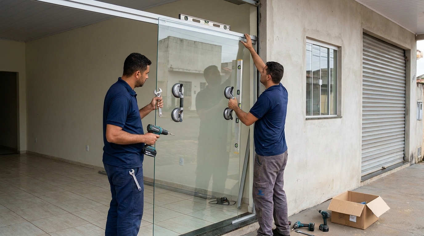 Vidraceiro com chave de boca em porta em Maceió-AL