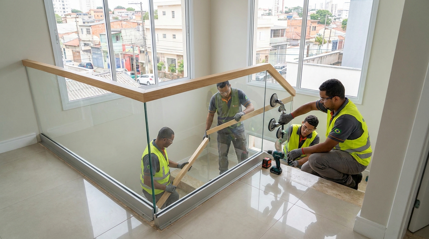 Equipe instalando guarda-corpo de vidro em no Centro, Maceió-AL