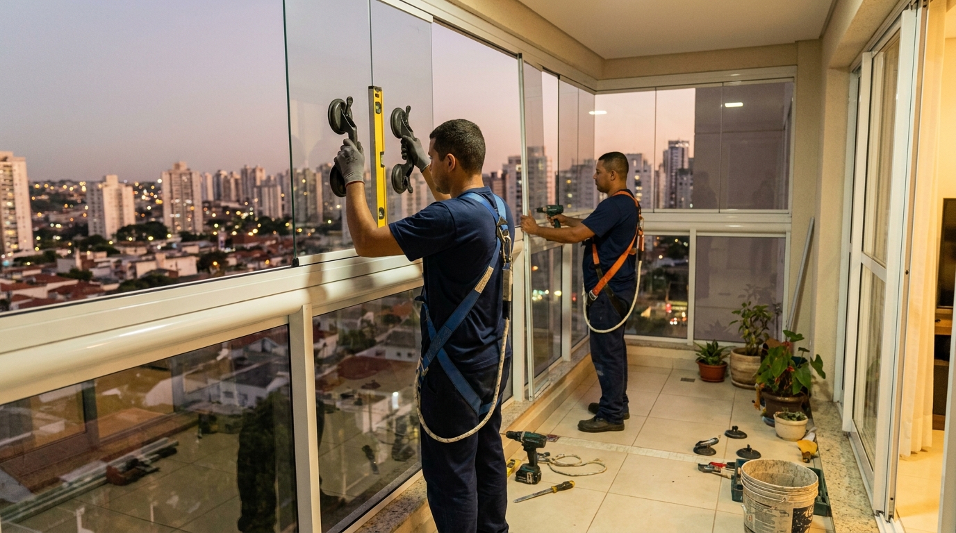 Equipe instalando parede de vidro em no Centro, Maceió-AL